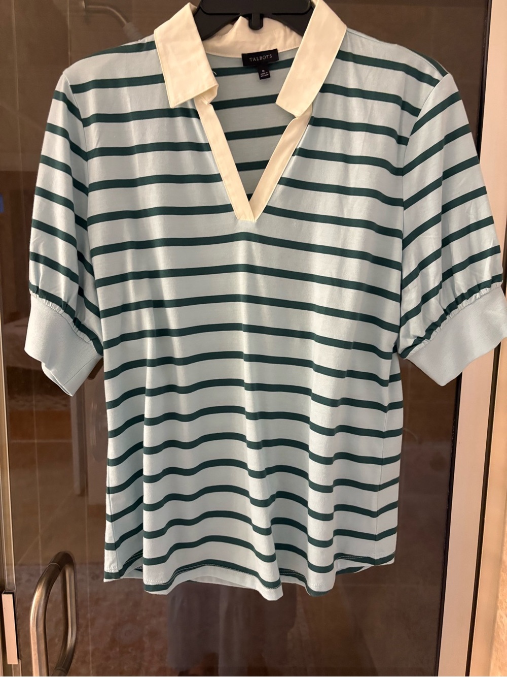 Talbots Mint and Dark Green Striped V-Neck Polo Top